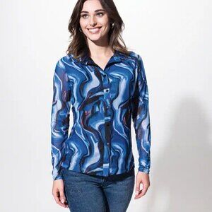 🐈Alison Sheri Psychedelic Waves of Blue Button Down Blouse